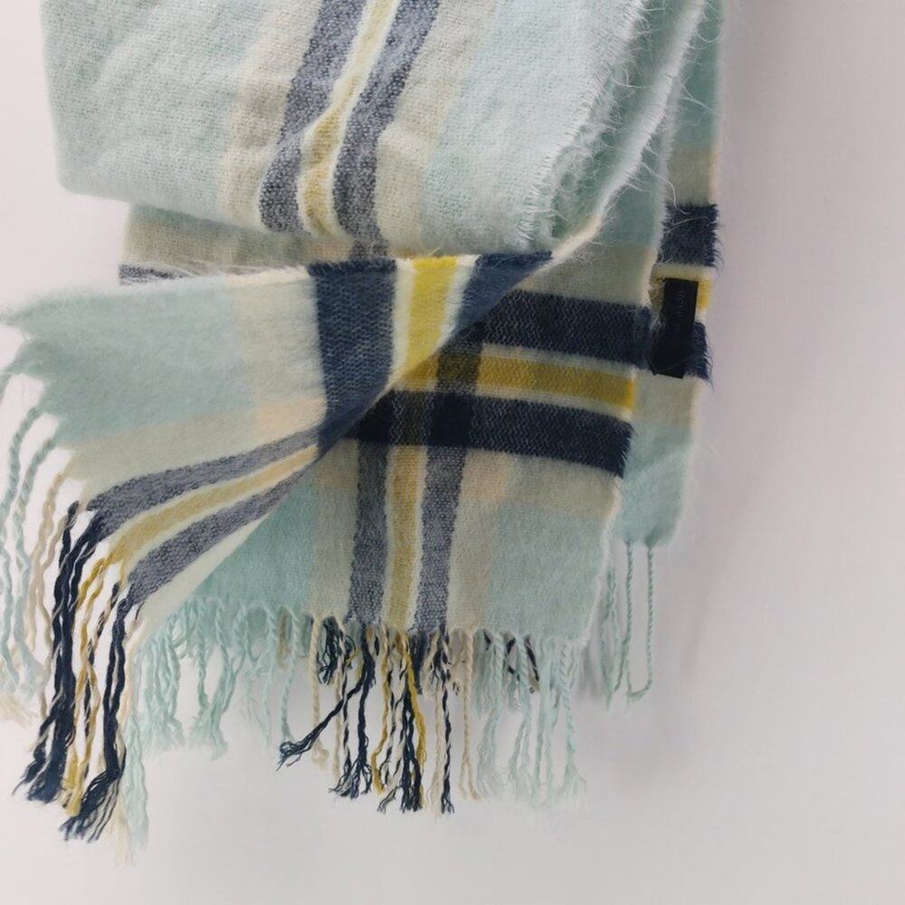 Steve Madden Fuzzy Scarf with Tassels Blue Navy Blue Aqua Yellow - Picture 9 of 10